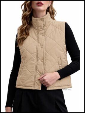 Women's Cropped Puffer Vest Button Down Quilted Sleeveless Stand Collar Nylon